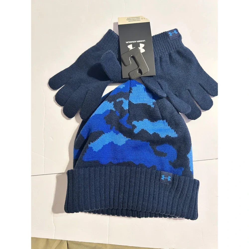 Under Armour Youth Boys Blue Camo Knit Beanie Hat and Glove Set OSFM New